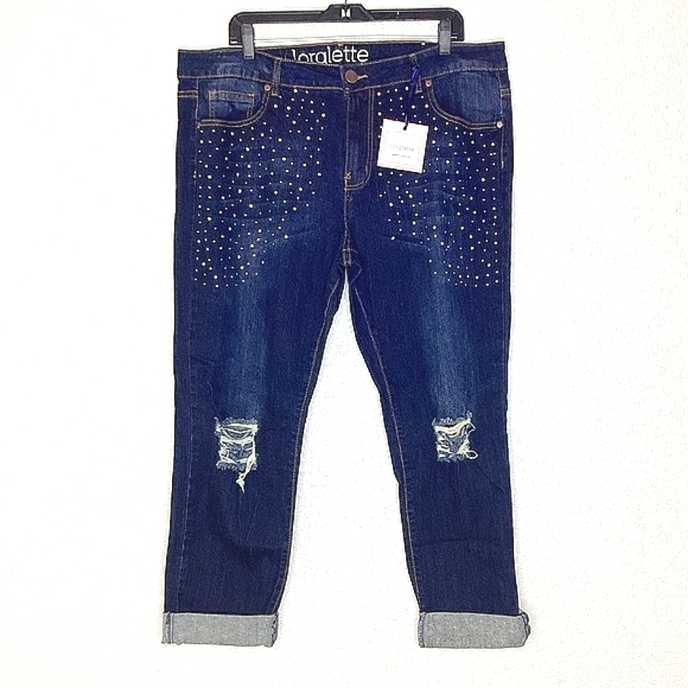 LORALETTE PLUS SIZE 16 BLUE EMBELLISHED JEANS DIAMOND DISTRESSED PANTS SPARK‎